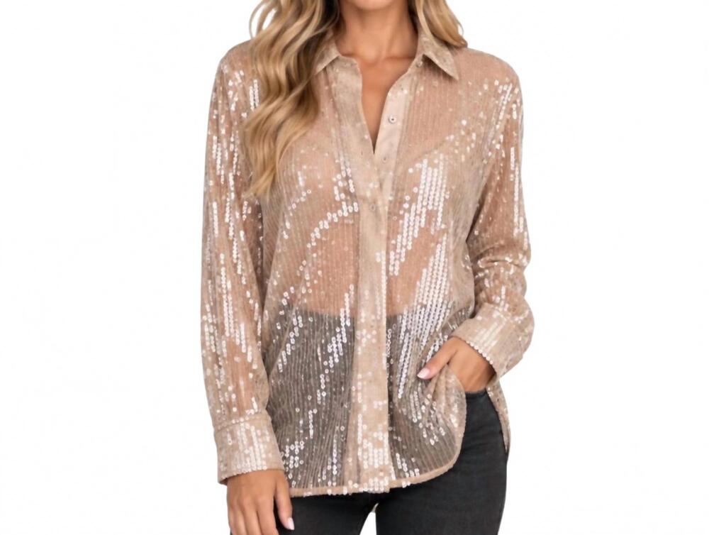 NEW GLAM sequin collard button down shirt in taupe